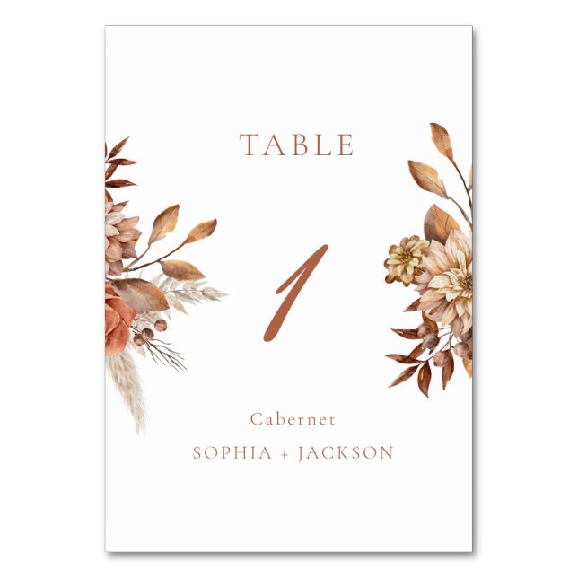 Tarjeta De Mesa Elegante Boda Floral de Terracota (Anverso)