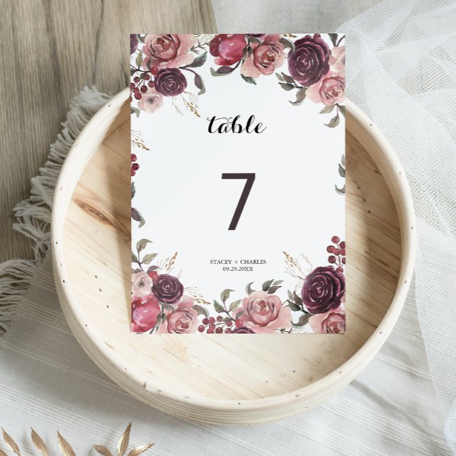 Tarjeta De Mesa Elegante Boda floral de verano borgoñés (Subido por el creador)