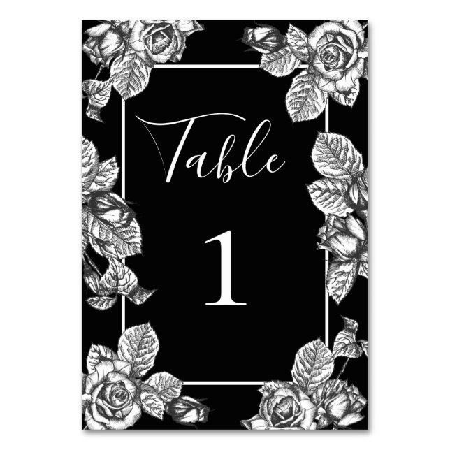 Tarjeta De Mesa Elegante Boda Floral en Blanco y Negro (Anverso)