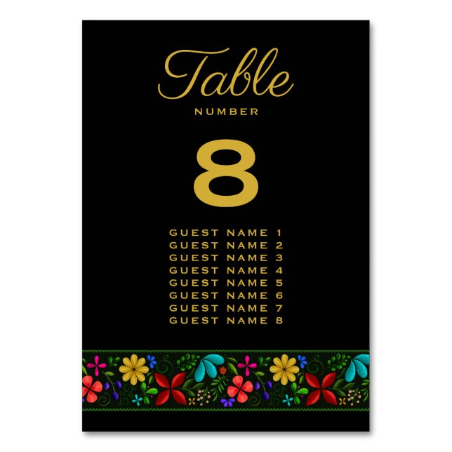Tarjeta De Mesa Elegante Boda floral latinoamericano de oro negro (Anverso)