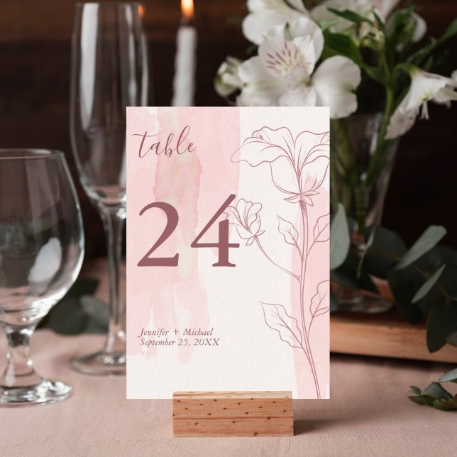 Tarjeta De Mesa Elegante Boda Floral Moderno de acuarela rosa (Pink watercolor floral outline design table number card is perfect for your wedding reception.)
