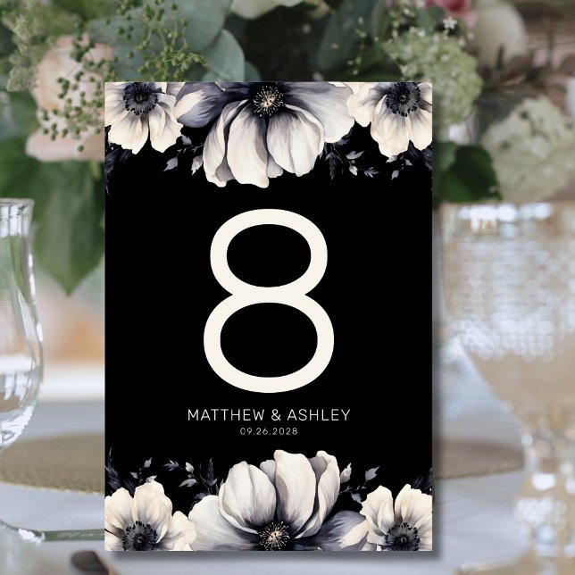 Tarjeta De Mesa Elegante boda floral negra (Elegant Black Floral Wedding Table Number)