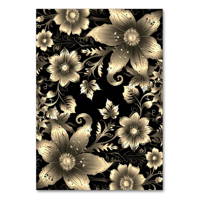 Tarjeta De Mesa Elegante Boda floral negro y dorado (Reverso)