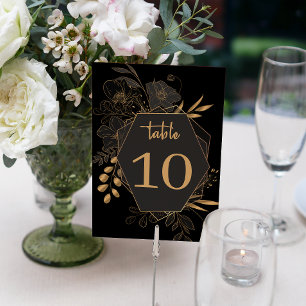 Tarjeta De Mesa Elegante Boda floral negro y dorado