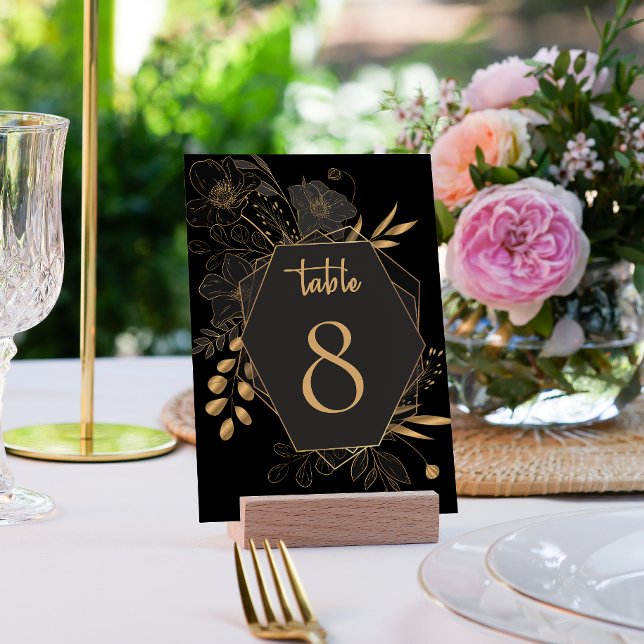 Tarjeta De Mesa Elegante Boda floral negro y dorado (Elegant Black & Gold Floral Wedding Table card)
