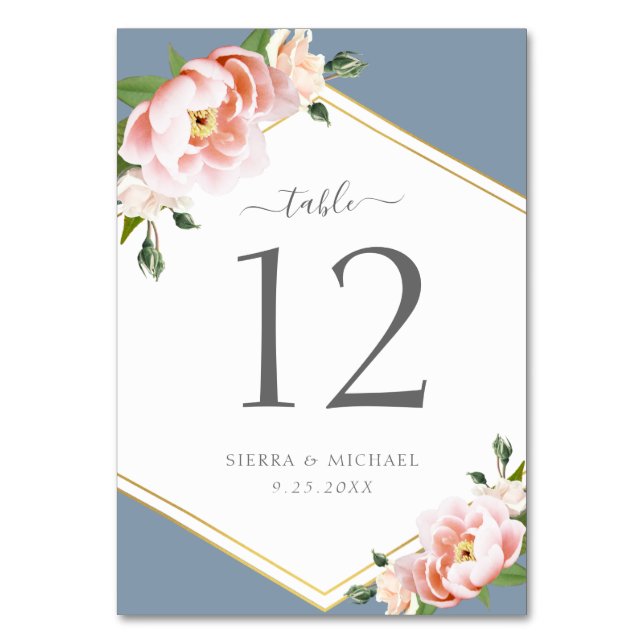 Tarjeta De Mesa Elegante Boda floral Rubor Peony Gold Dusty Blue (Anverso)
