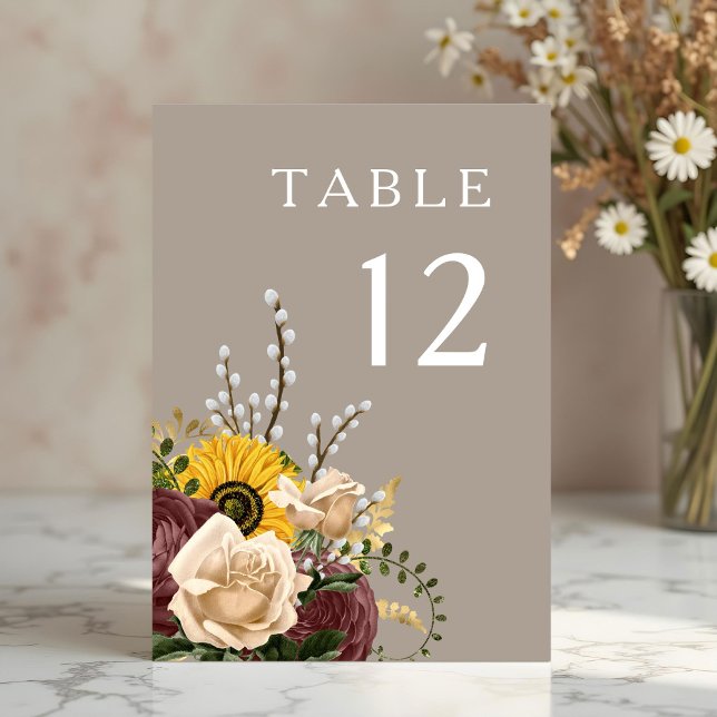 Tarjeta De Mesa Elegante Boda Floral Taupe (Elegant Taupe Floral Wedding Table Number)