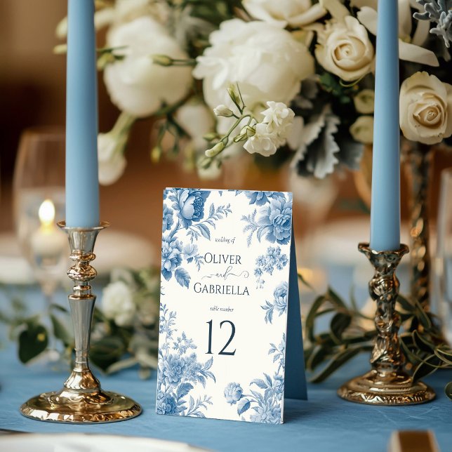 Tarjeta De Mesa Elegante Boda francés de tela azul floral (Subido por el creador)