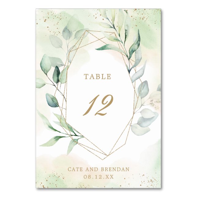 Tarjeta De Mesa Elegante Boda Geométrica de Oro con Verde de Eucal (Anverso)