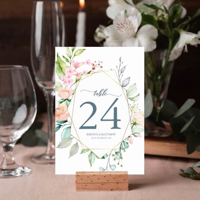 Tarjeta De Mesa Elegante Boda geométrico de acuarela de Boho flora (Spring floral watercolor table number for your reception decor features geometric frame.)