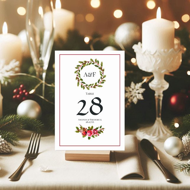 Tarjeta De Mesa Elegante Boda Holly y Navidades de novias (Elegant Holly and Ivy Christmas Wedding Table Number)