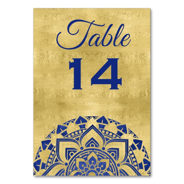 Tarjeta De Mesa Elegante Boda indio de Mandala dorada azul (Anverso)