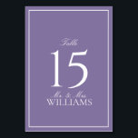 Tarjeta De Mesa Elegante Boda Lilac Lavender Classic Script<br><div class="desc">Un clásico y elegante número de tabla de boda de lavanda lila, con caligrafía de guion. Perfecto para la novia moderna que tiene un romance formal. Ver suite aquí: https://www.zazzle.com/collections/elegant_lilac_lavender_classic_script_wedding-119845502590580190 Contacte con el diseñador para obtener productos a juego para completar la suite, O para las variaciones de color de este...</div>