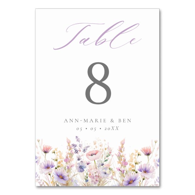 Tarjeta De Mesa Elegante Boda Lilac Wildflowers (Anverso)
