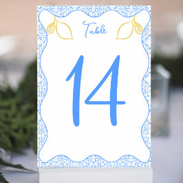 Tarjeta De Mesa Elegante Boda mediterráneo con azulejos y limón az