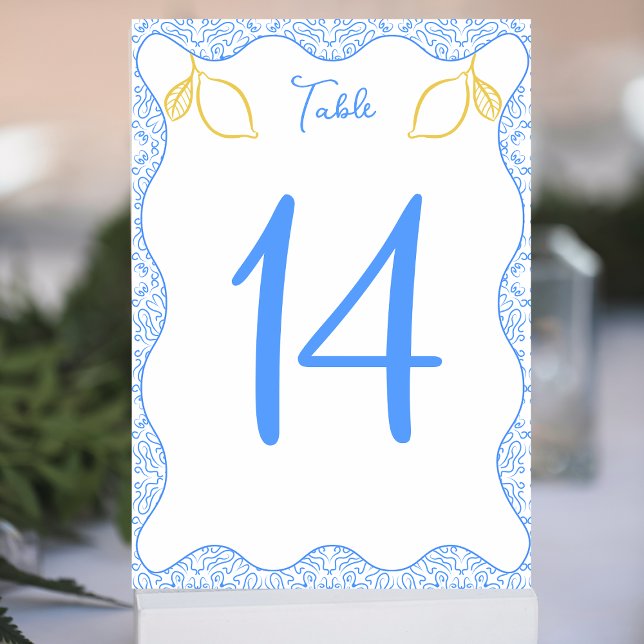Tarjeta De Mesa Elegante Boda mediterráneo con azulejos y limón az (Subido por el creador)