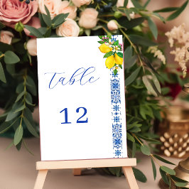 Tarjeta De Mesa Elegante Boda mediterráneo limón y azul