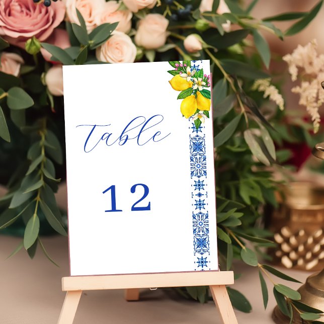 Tarjeta De Mesa Elegante Boda mediterráneo limón y azul (Subido por el creador)