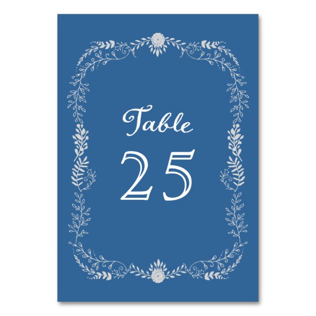 Tarjeta De Mesa Elegante Boda monocromático de guirnalda azul y pl (Anverso)
