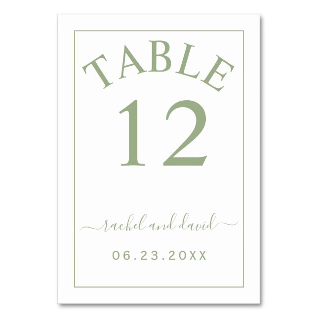Tarjeta De Mesa Elegante boda monocromo de borde verde sabio (Anverso)