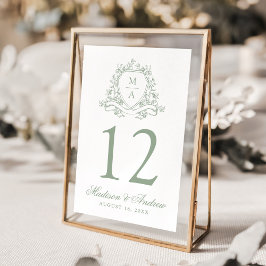 Tarjeta De Mesa Elegante Boda Monograma de Escudo floral verde sab