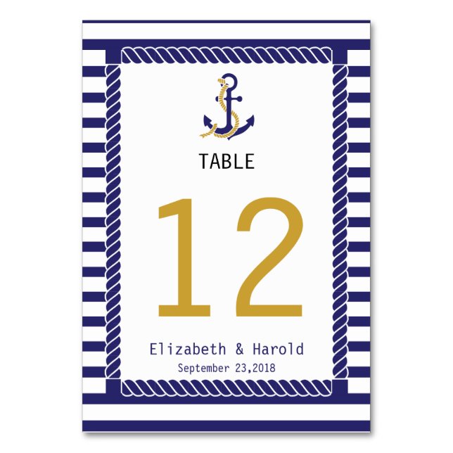 Tarjeta De Mesa Elegante Boda Náutica Rayas Azules (Reverso)