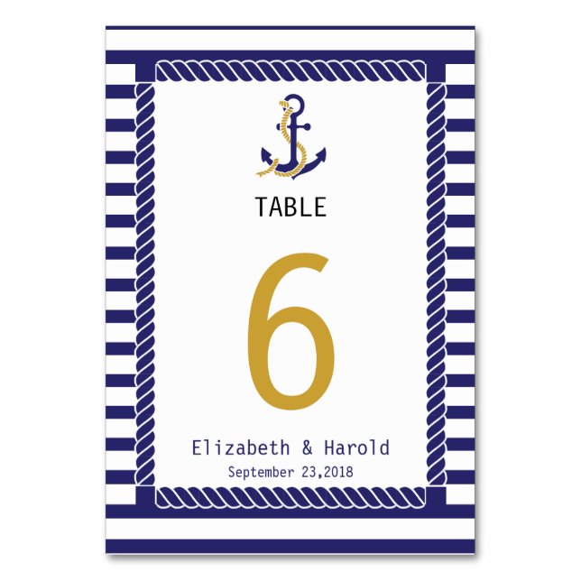 Tarjeta De Mesa Elegante Boda Náutica Rayas Azules (Reverso)
