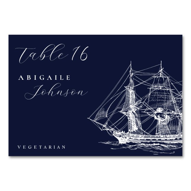 Tarjeta De Mesa Elegante Boda Naval Azul Marino (Anverso)