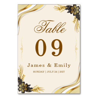 Tarjeta De Mesa Elegante Boda Negra y Dorada