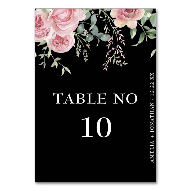 Tarjeta De Mesa Elegante Boda negro de flores rosas de Rubor (Anverso)