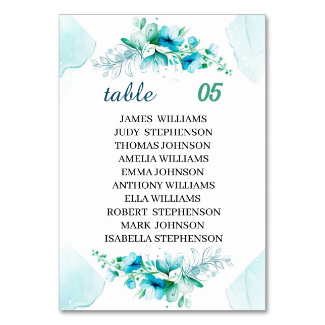 Tarjeta De Mesa Elegante Boda personalizada de Flor Azul (Anverso)