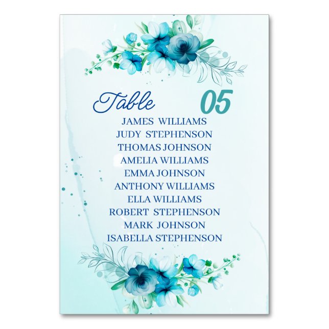 Tarjeta De Mesa Elegante Boda personalizada de Flor Azul (Anverso)