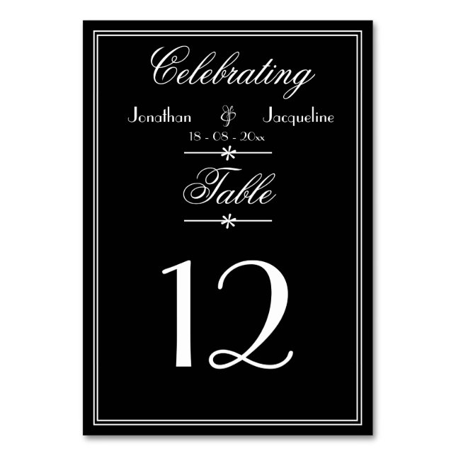 Tarjeta De Mesa Elegante Boda personalizado en blanco y negro (Anverso)