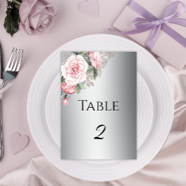 Tarjeta De Mesa Elegante Boda Plata y Rosas Rosa