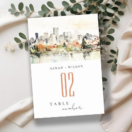 Tarjeta De Mesa Elegante Boda Portland Oregon Skyline Watercolor