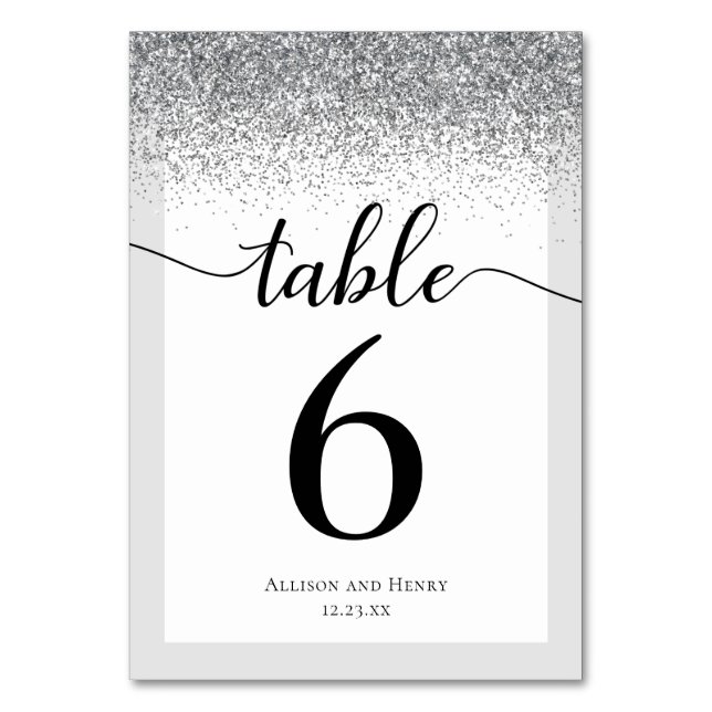 Tarjeta De Mesa Elegante Boda Purpurina de escritura blanca negra (Anverso)