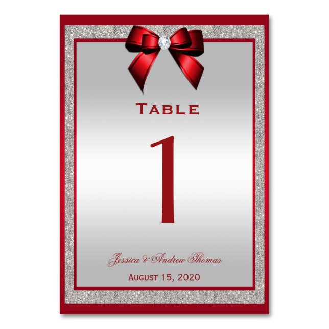Tarjeta De Mesa Elegante Boda Purpurina rojo y plateado (Anverso)