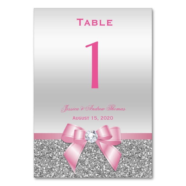 Tarjeta De Mesa Elegante Boda Purpurina romántico rosado y platead (Anverso)