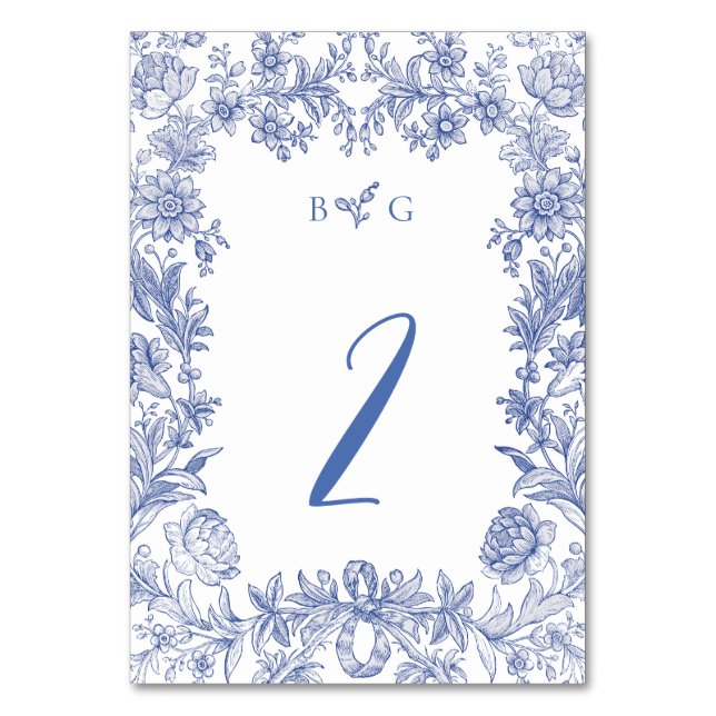 Tarjeta De Mesa Elegante Boda Rústico Rústico Francés Floral Azul (Anverso)