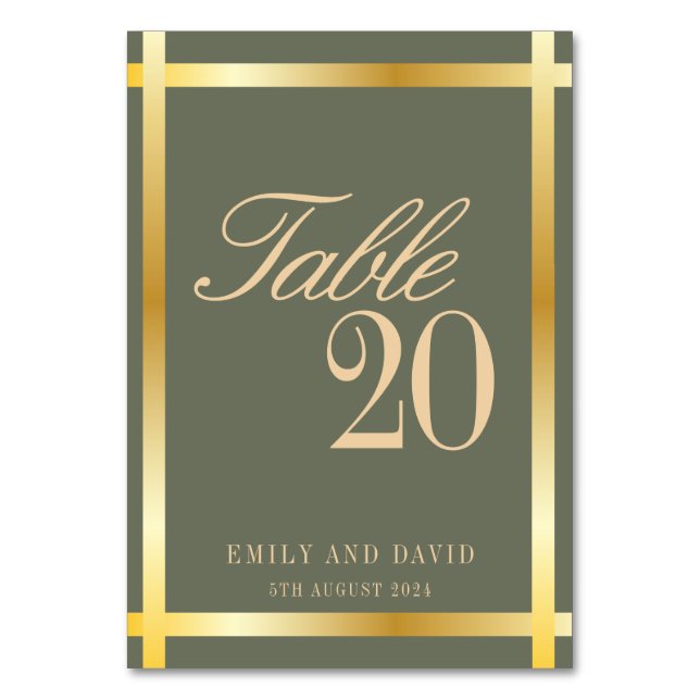 Tarjeta De Mesa Elegante Boda Sage Green y Golden Borders (Anverso)