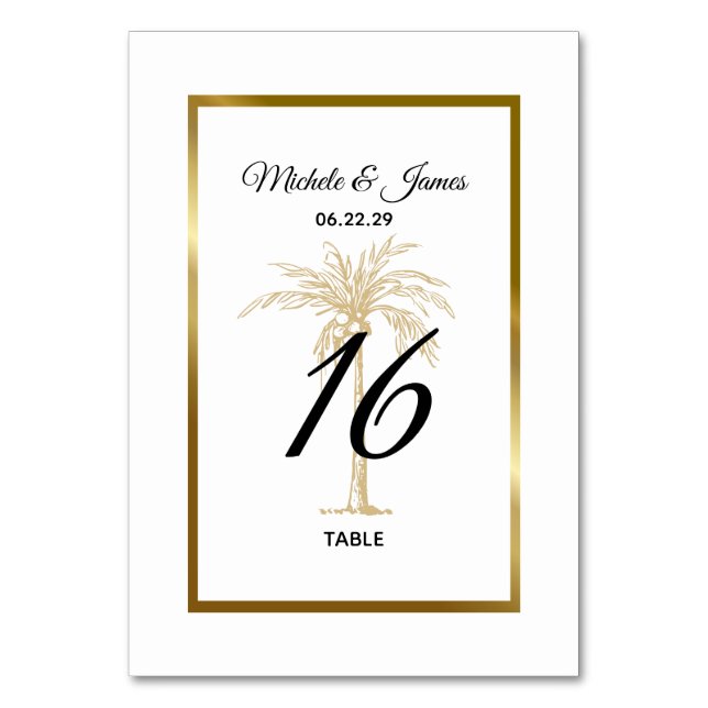 Tarjeta De Mesa Elegante Boda tropical de palmeras doradas (Anverso)