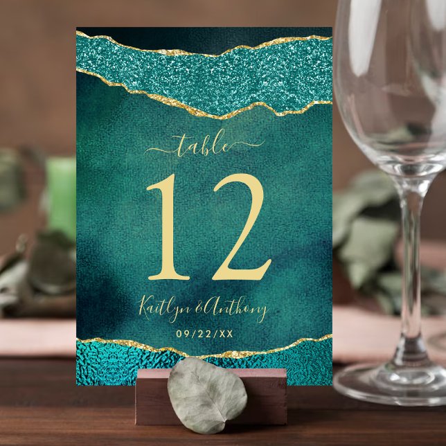 Tarjeta De Mesa Elegante Boda Turquesa & Gold Agate (Subido por el creador)