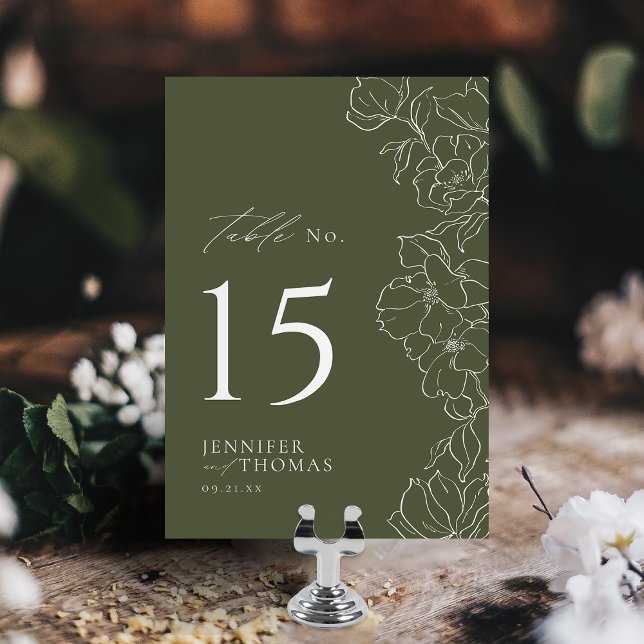 Tarjeta De Mesa Elegante boda verde de salvia floral a mano (Elegant hand drawn floral sage green wedding Table Number)