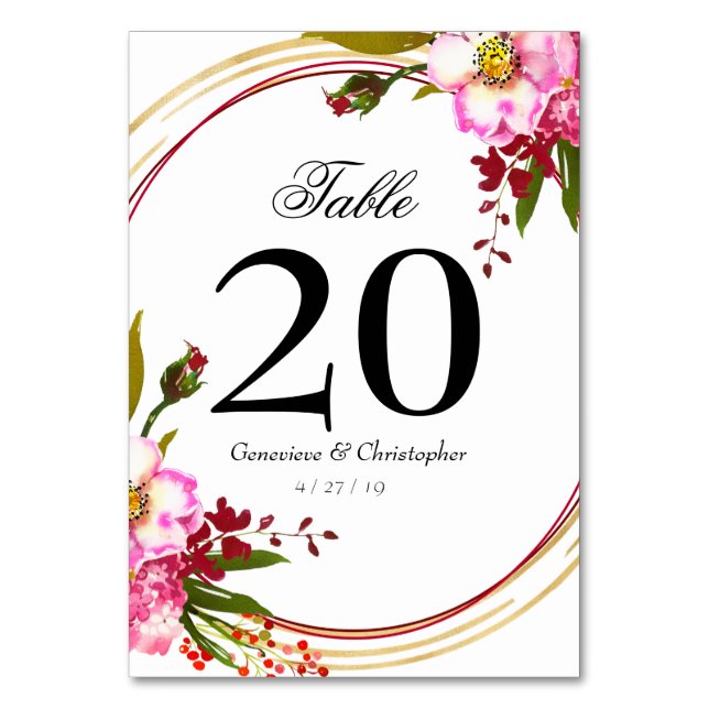 Tarjeta De Mesa Elegante Boho Rosa Floral Dorado Boda (Anverso)