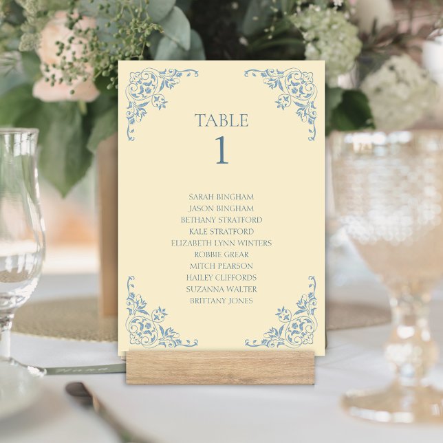 Tarjeta De Mesa Elegante borde amarillo de mantequilla con nombres (Elegant vintage butter yellow wedding table number sign with names and dusty blue accents for chic)