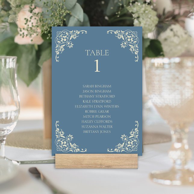 Tarjeta De Mesa Elegante borde de cosecha azul turbio amarillo (Elegant dusty blue and butter yellow table number card for romantic wedding reception with names)