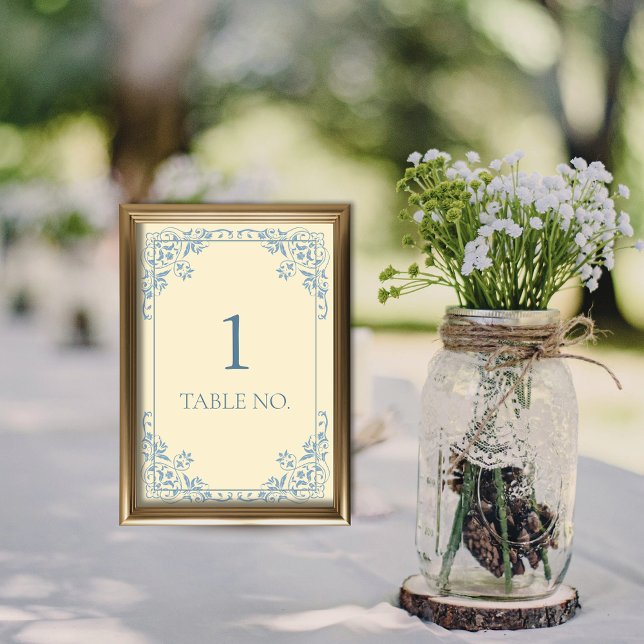 Tarjeta De Mesa Elegante borde de Moda amarilla y azul para la cos (Butter yellow and dusty blue wedding table number sign for frame or stand with no names elegant chic)