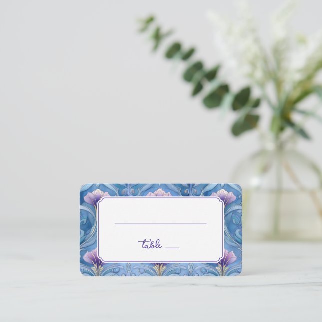 Tarjeta De Mesa Elegante Borde Floral Azul (Anverso de pie)