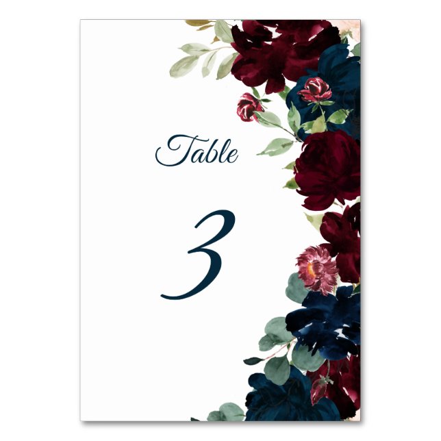 Tarjeta De Mesa Elegante Burgundy & Navy Flowers Table 3 Boda (Anverso)