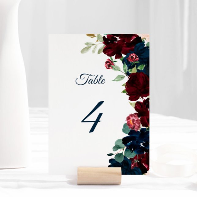 Tarjeta De Mesa Elegante Burgundy & Navy Flowers Table 4 Boda (Subido por el creador)
